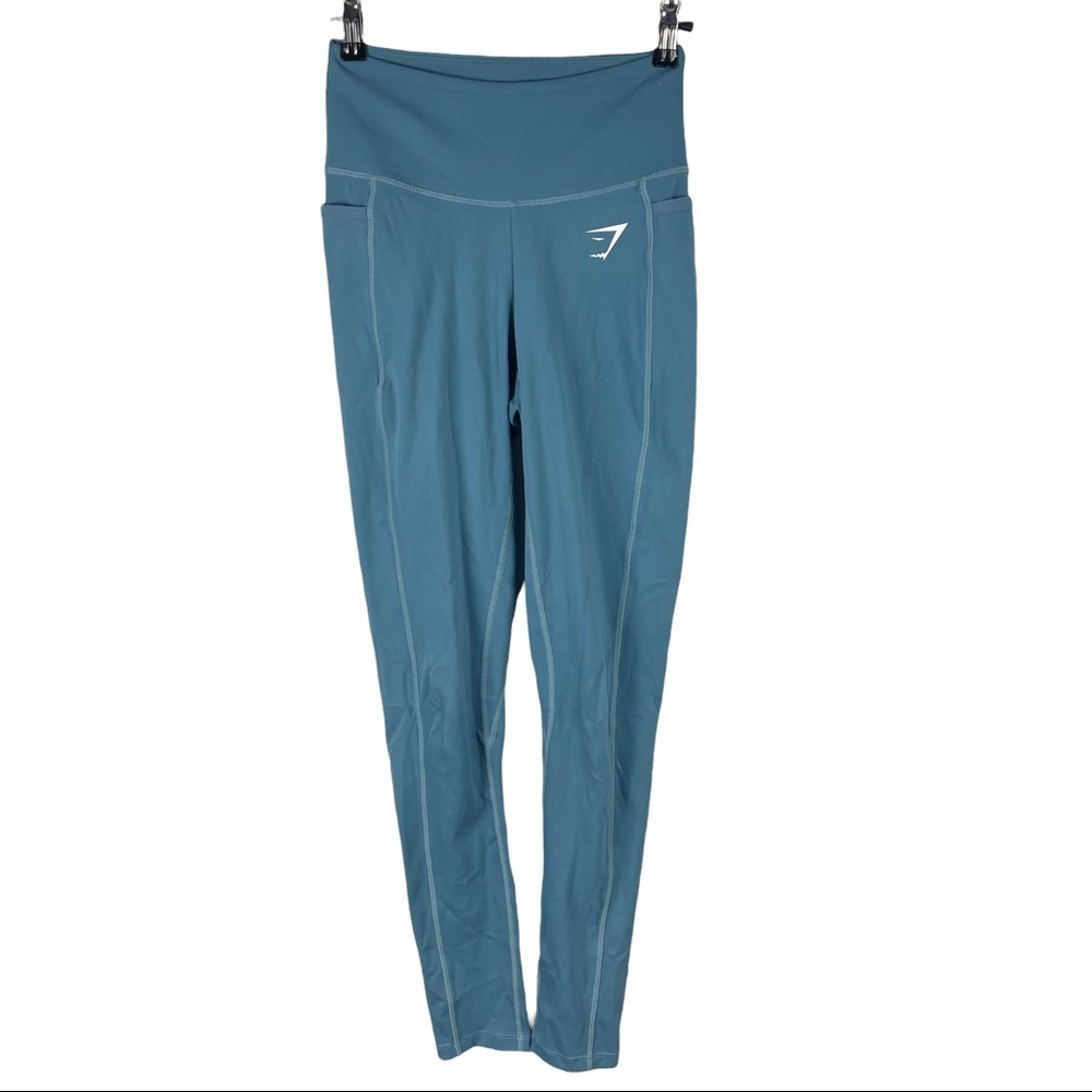Gymshark Womens Full Length Leggings High Rise Stretch Teal logo sz XS